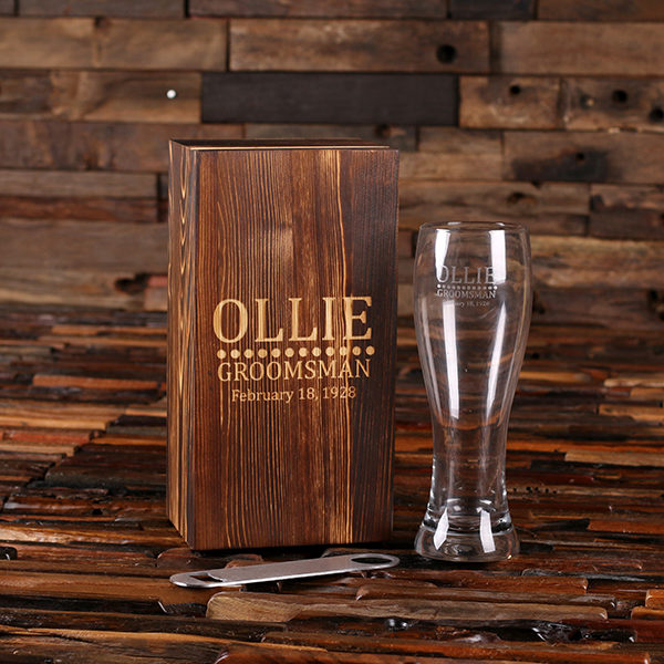 Bottle Opener and Pilsner, Pint Beer Glass with Engraved Wood Box