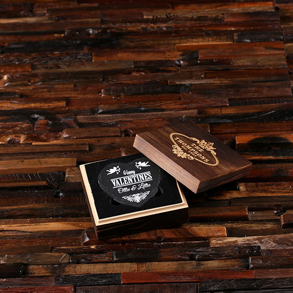 Heart-Shaped Wedding Favor Coaster Set & Engraved Wood Box