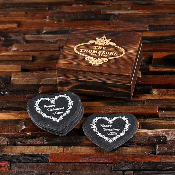 Personalized Heart-Shaped Wedding Favor Slate Stone Coaster Set & Engraved Wood Box