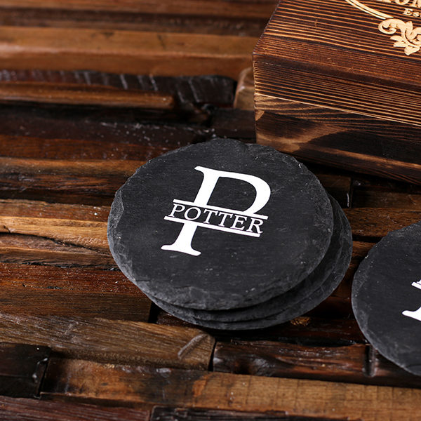 Round Slate Coasters with Engraved Box