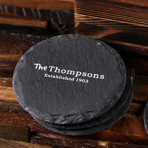Round Slate Coasters with Engraved Box