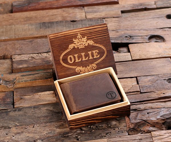 Coin Wallet Personalized Monogrammed Engraved Leather Bifold Men's Wallet with Box
