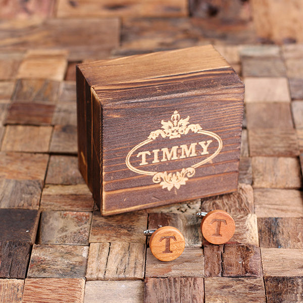 Personalized Men’s Classic Round Wood Cuff Links with Box, Cherry Wood