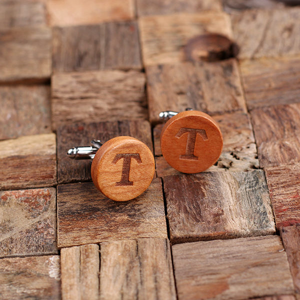 Men’s Classic Personalized Round Cherry Wood Cuff Links & Box