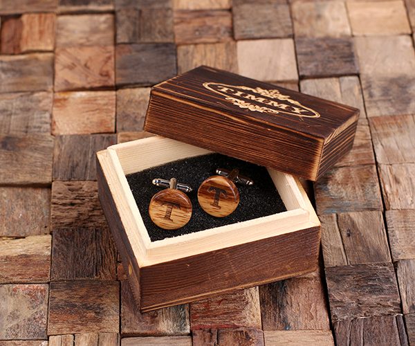 Personalized Men’s Classic Round Wood Cuff Links with Box, White Oak