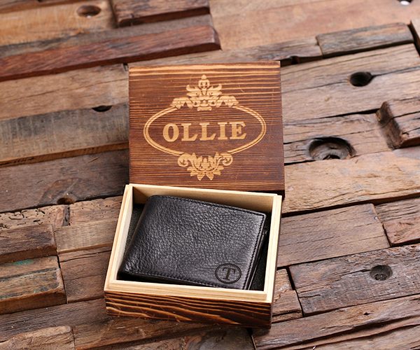 Coin Wallet Personalized Monogrammed Engraved Leather Bifold Mens Wallet Zipper with Box