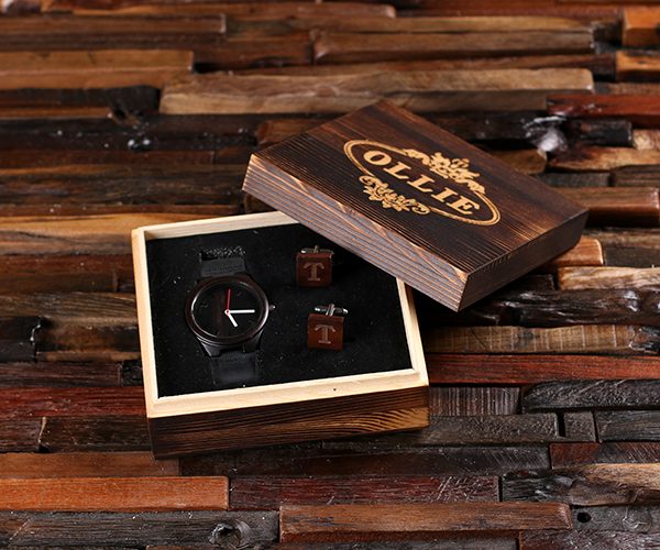 “Onyx” Personalized Wood Watch, Cuff Links & Engraved Box