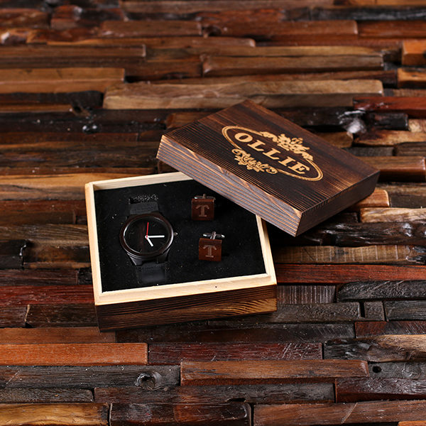 “Onyx” Personalized Wood Watch, Cuff Links & Engraved Box