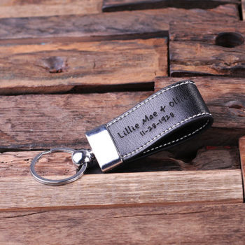 Personalized Black Leather & Metal Engraved Key Chain