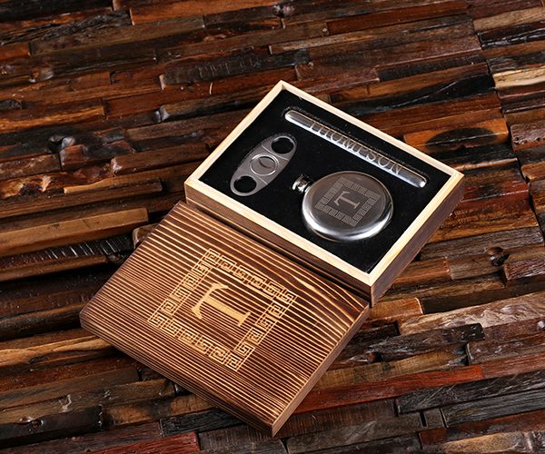 Round 5 oz. Flask, Cigar Holder and Cutter with Engraved Wood Box