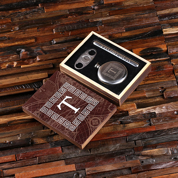 Round 5 oz. Flask, Cigar Holder and Cutter with Printed Wood Box