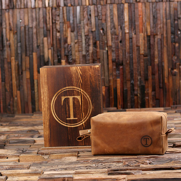 Personalized Leather Shaving Dopp Kit with Keepsake Box