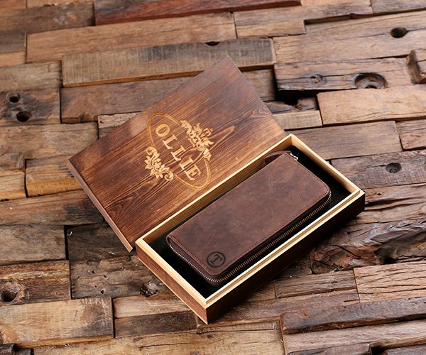 Long Wallet Personalized Zipper Closure Leather Cell Phone Wallet with Box