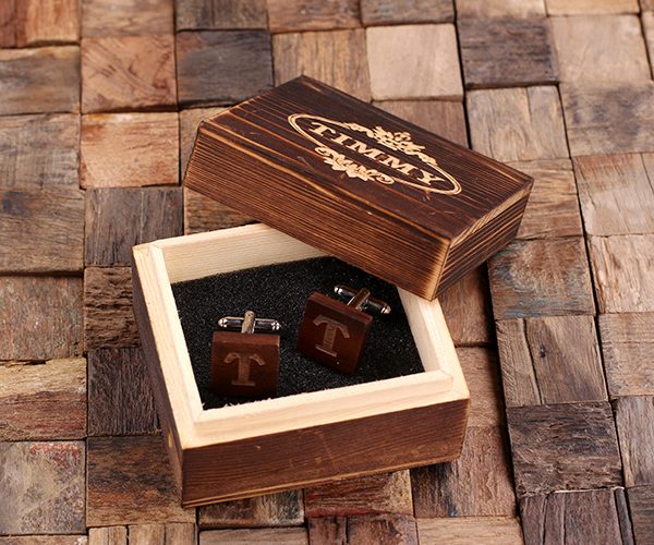 Personalized Men’s Classic Square Wood Cuff Links with Box, Mahogany