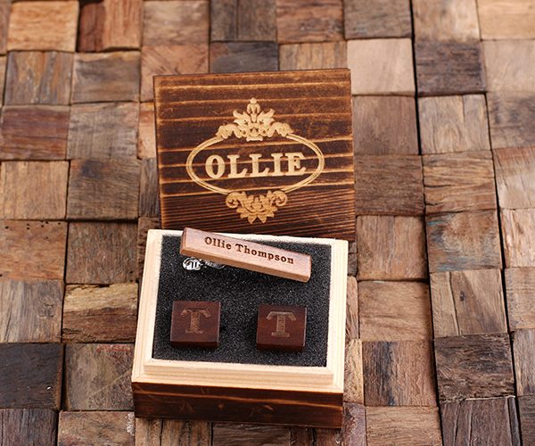 Personalized Men’s Classic Square Wood Cuff Links and Wood Tie Clip with Box, Mahogany
