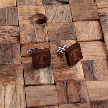 Personalized Men’s Classic Square Wood Cuff Links and Wood Tie Clip with Box, Mahogany