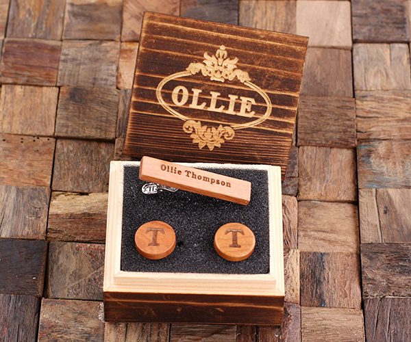 Personalized Men’s Classic Round Wood Cuff Links and Wood Tie Clip with Box, Cherry Wood