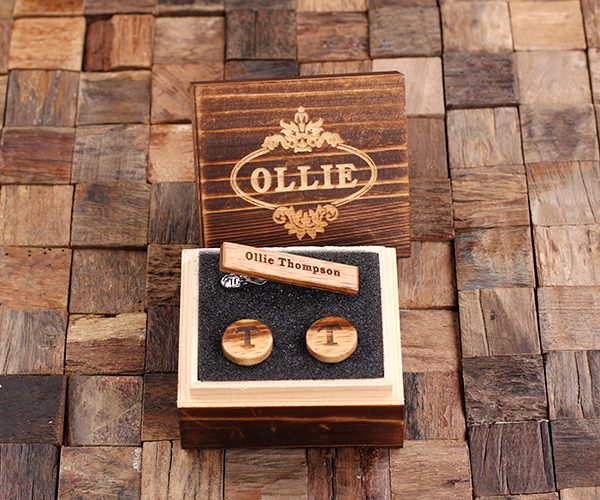 Personalized Men’s Classic Round Wood Cuff Links and Wood Tie Clip with Box, White Oak