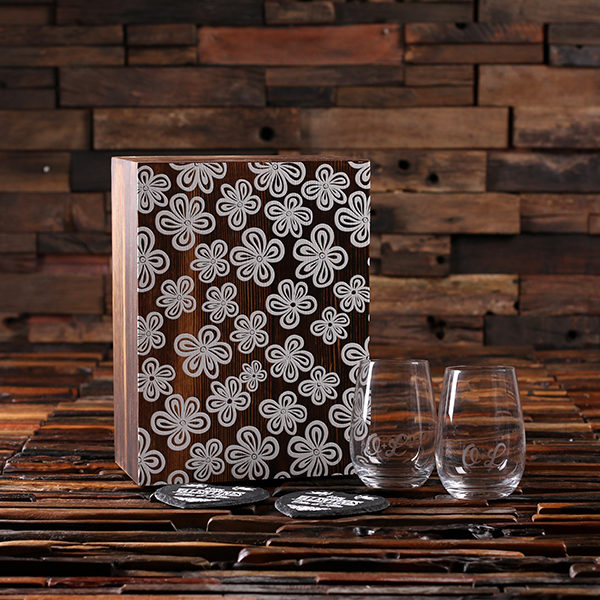 Stemless Wine Glasses and Heart Shape Slate Coasters with Wood Box