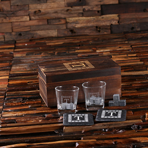 2 Slate Coasters, 2 Whiskey Glasses and 8 Sipping Stones with Engraved Wood Box