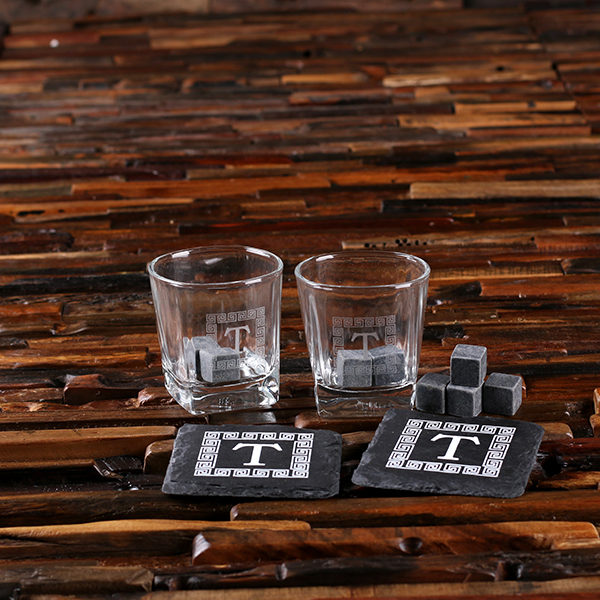Whiskey rocks glasses, slate coasters, and sipping stone personalized gift set.