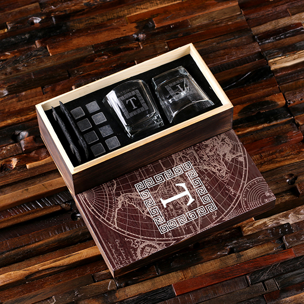 Personalized Whisky Set w 2 Glasses 2 Slate Coasters 8 Ice Stones w/ Wood Box 