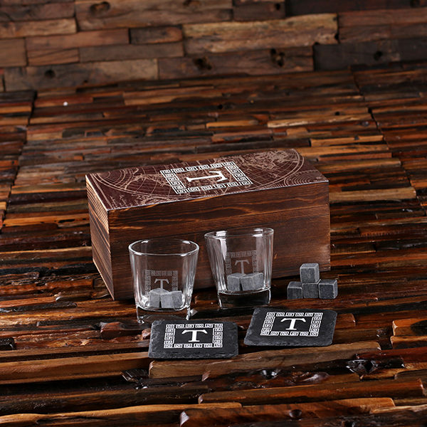 2 Slate Coasters, 2 Whiskey Glasses and 8 Sipping Stones with Printed Wood Box