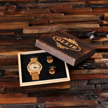 “Safari” Personalized Wood Watch, Cuff Links & Engraved Box