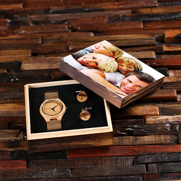 “Rustic” Personalized Wood Watch, Cuff Links & Engraved Box