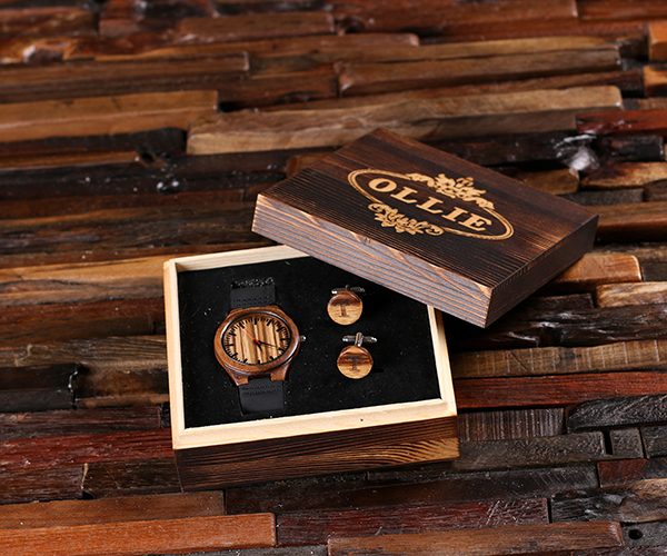 “Savannah” Personalized Wood Watch, Cuff Links & Engraved Box