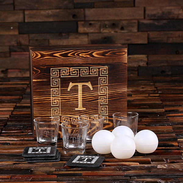 Whiskey Glasses, Ice Balls, Coasters & Engraved Wood Box Set