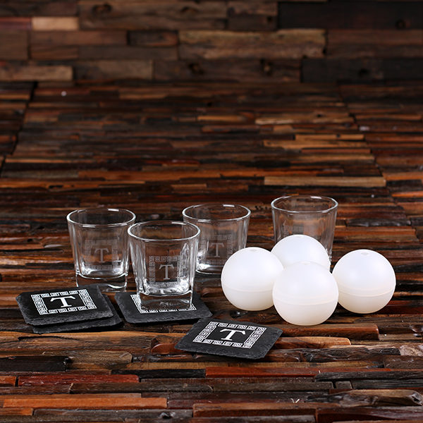 Personalized Whiskey Glasses, Ice Balls, Coasters & Engraved Wood Box Set