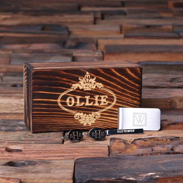 Gentlemen’s Personalized Cuff Links, Money & Tie Clip Set with Engraved Keepsake Wood Box T-025276
