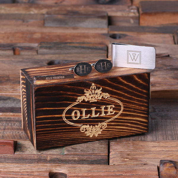 Gentlemen’s Personalized Cuff Links, Money & Tie Clip Set with Keepsake Wood Box T-025276