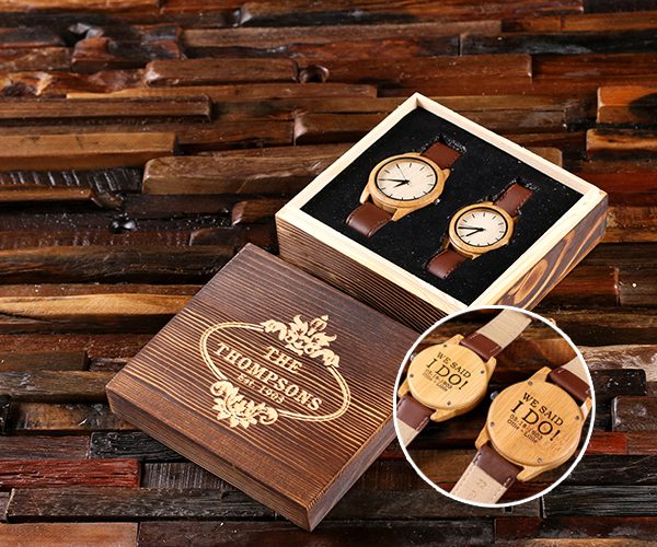 His & Hers Personalized Bamboo Watch with Leather Straps T-025403 With Box