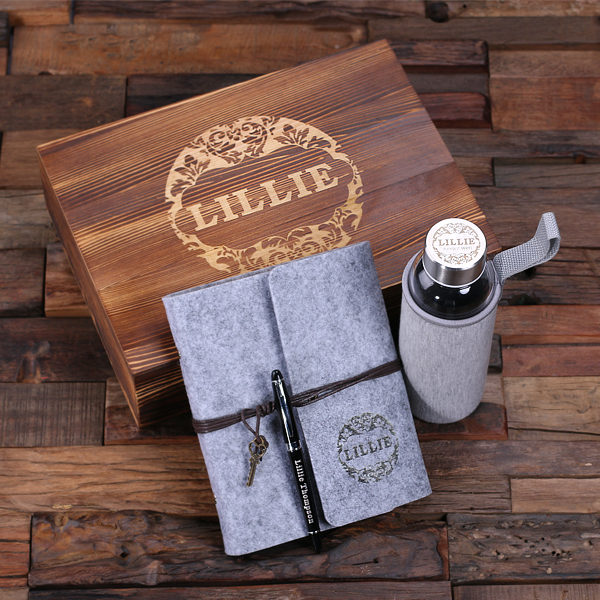 Light Grey Personalized Felt Journal, Pen & Water Bottle Gift Set - T-025252-LightGrey