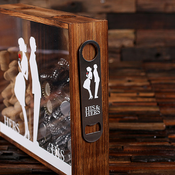 Personalized Beer Cap & Wine Cork Holder - His and Hers Print Bottle Opener Holder Side - T-025335-E