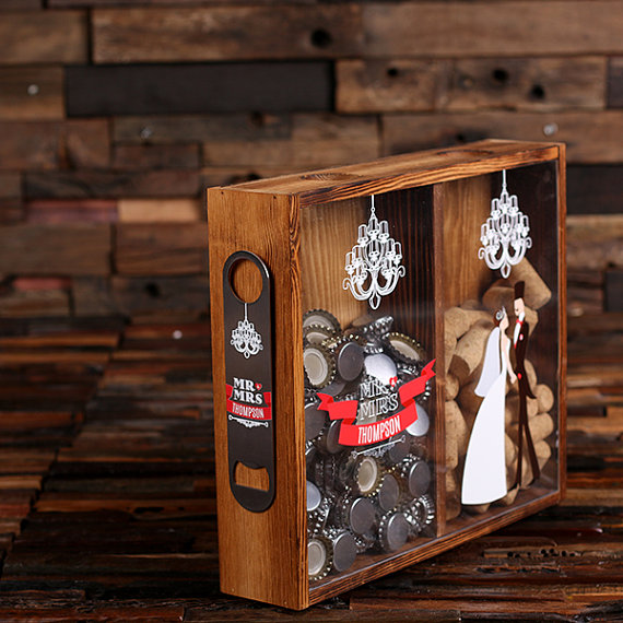 Personalized Beer Cap & Wine Cork Holder - Wedding Print Bottle Opener Holder Side - T-025335-H