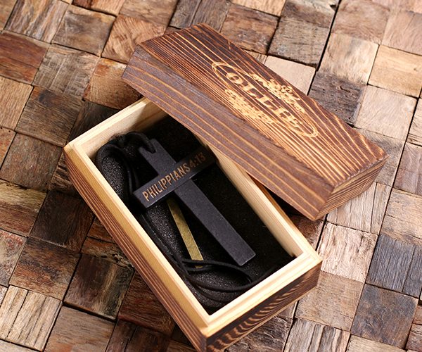 Personalized Black Wood and Brass Cross with Leather Rope & Box T-025395-BlackBox