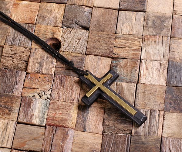 Personalized Black Wood and Brass Cross with Leather Rope T025395-Black