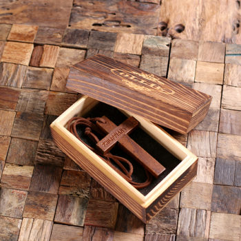 Personalized Brown Wood & Brass Cross with Leather Necklace & Box