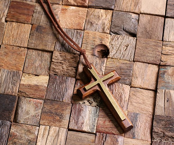 Personalized Brown Wood & Brass Cross with Leather Necklace T-025395-Brown