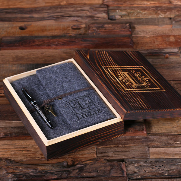 Personalized Dark Grey Felt Journal, Pen & Wood Box Gift Set T-025320-DarkGrey
