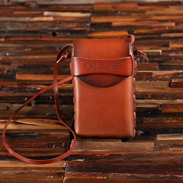Personalized Metal Flask & Brown Leather Carrying Pouch T-025477