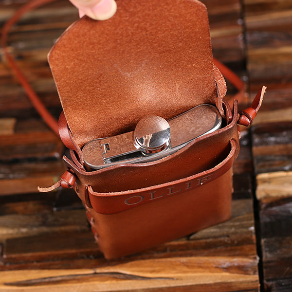 Personalized Metal Flask & Brown Leather Carrying Pouch T-025477