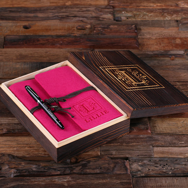 Personalized Pink Fuchsia Felt Journal, Pen & Wood Box Gift Set T-025320-PinkFuchsia