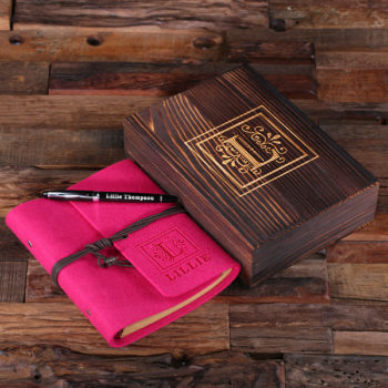 Personalized Pink Fuchsia Felt Journal, Pen & Wood Box Gift Set T-025320-PinkFuchsia