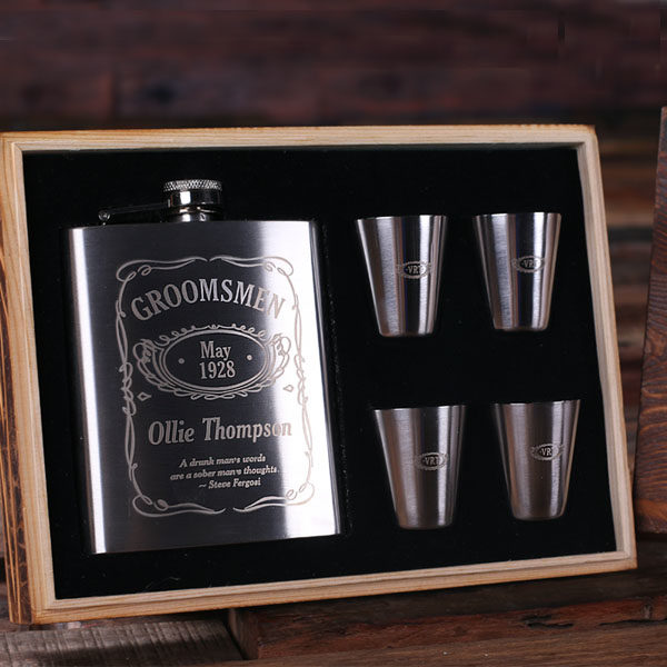 Personalized Steel Whiskey Flask & 4 Metal Shot Glass Set Closeup Engraved T-025294