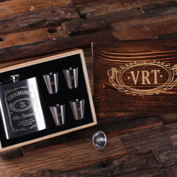 Personalized Steel Whiskey Flask & 4 Metal Shot Glass Set in Keepsake Box T-025294