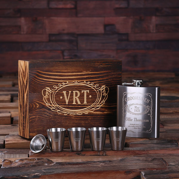 Personalized Steel Whiskey Flask & 4 Metal Shot Glass Set with Funnel T-025294